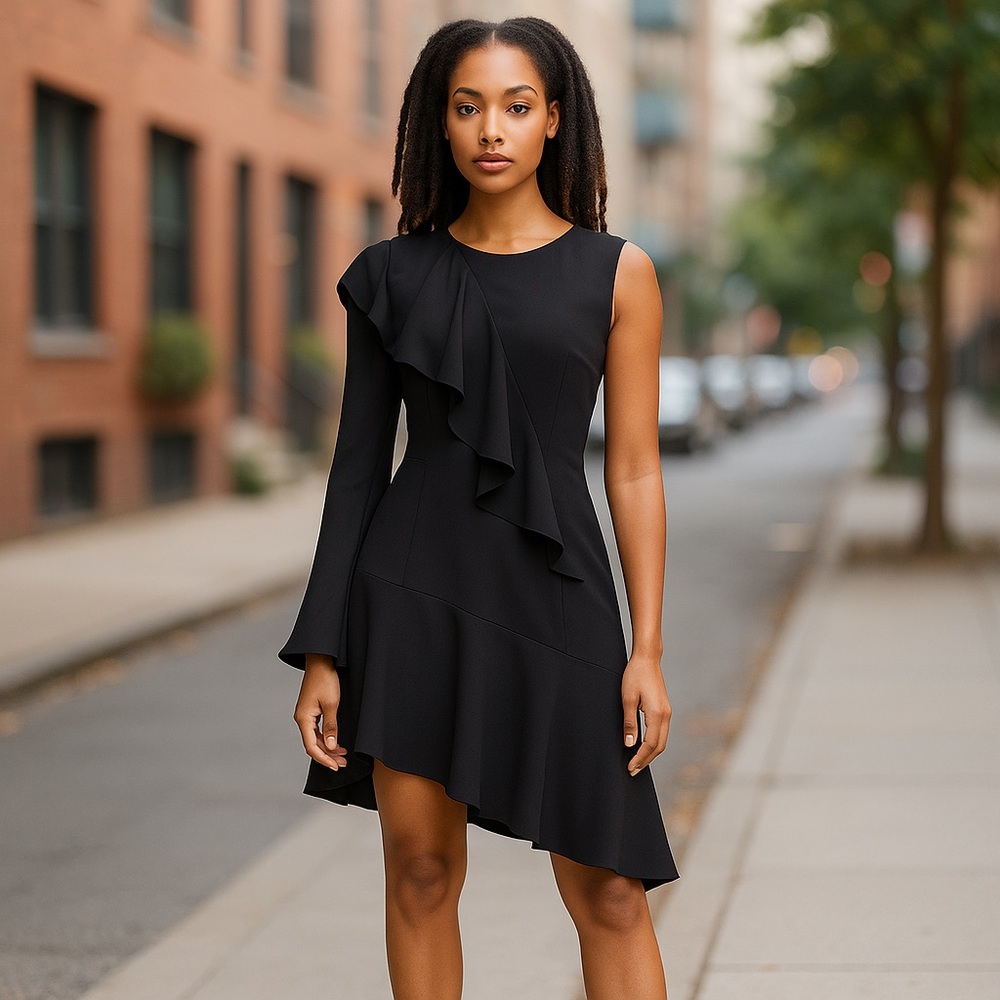 Parker Black Asymmetric Silk Blend Ruffled One-Sleeve Dress  8